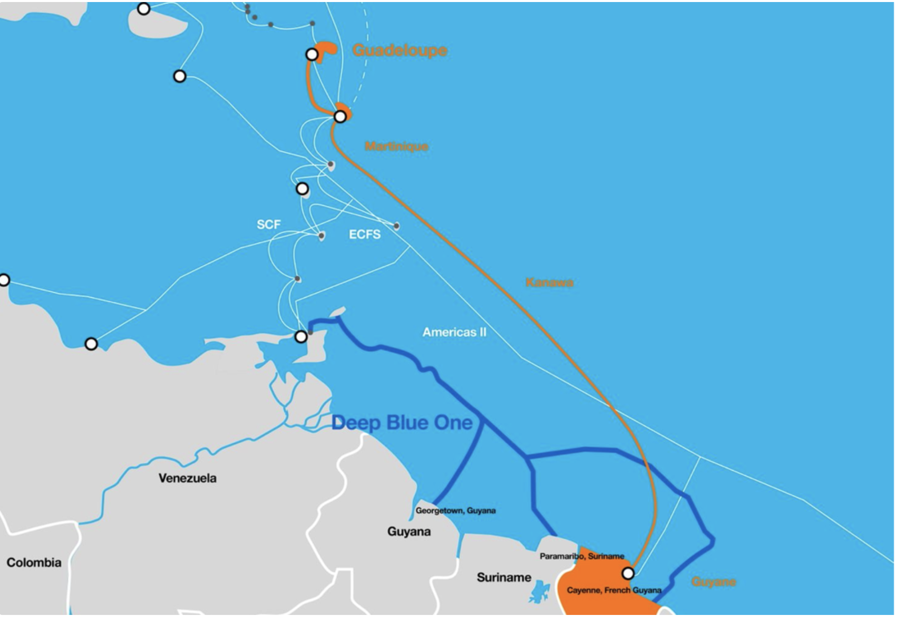 Map of fiber optic cables across the Caribbean seabed.