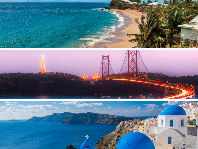 beach, bridge, and greecian homes