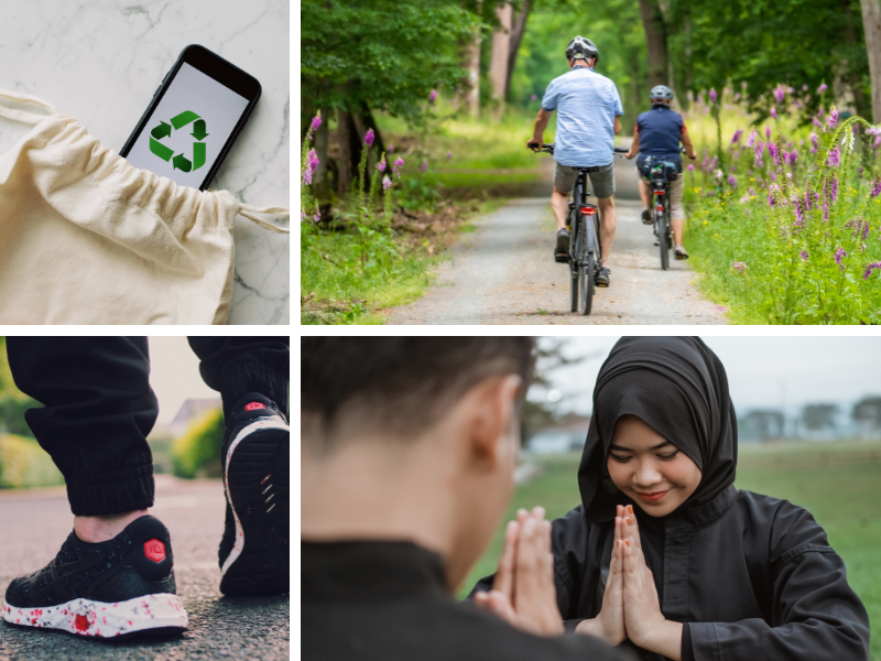 Mobile phone in a bag, people cycling, person walking, woman clasping hand to another in respect.