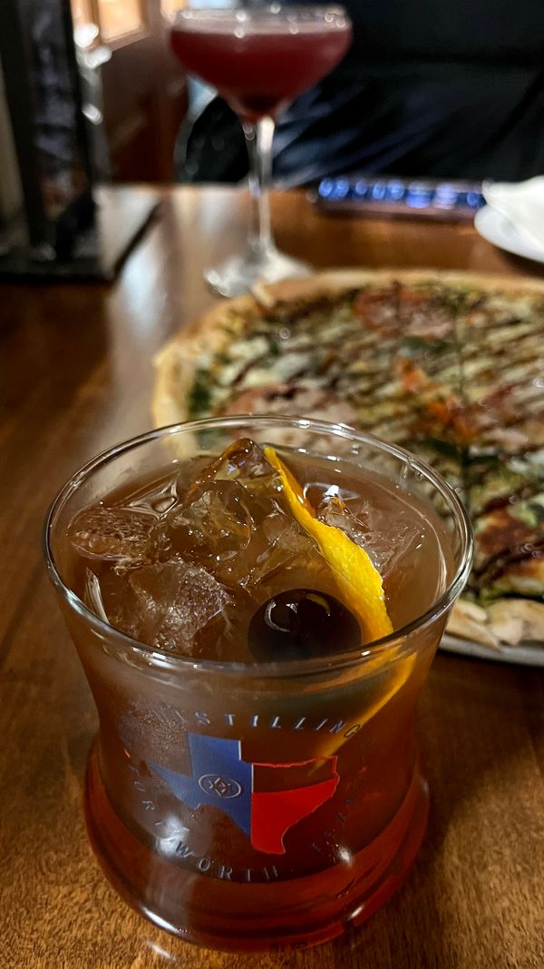 Rum drink, Old Fashion, pizza, and Avition 2 coc